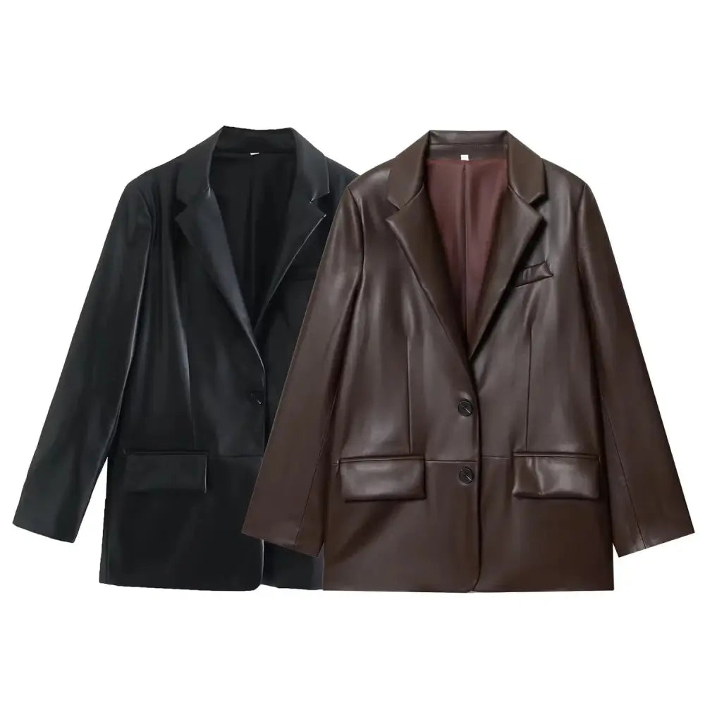 Women’s straight black and brown faux leather blazers with sleek modern design ideal for stylish professional wear