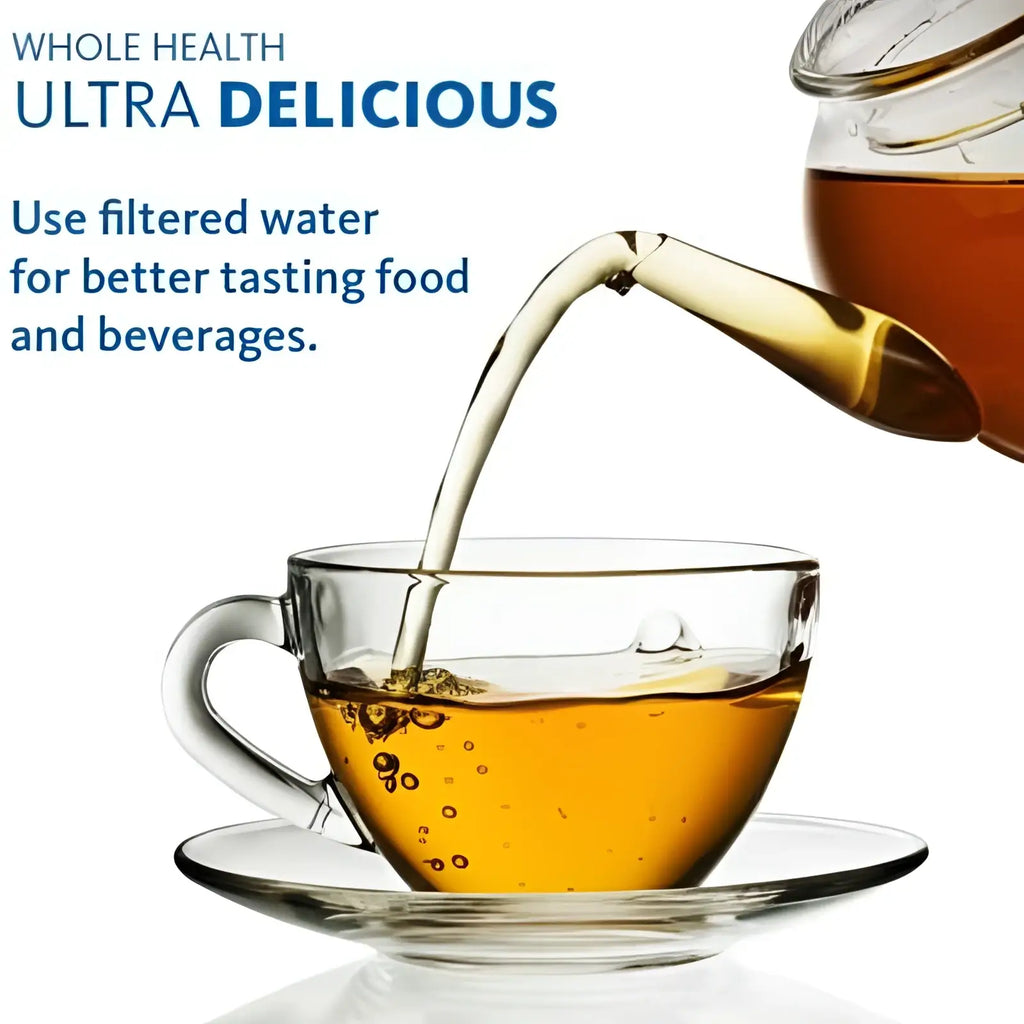 Simpure 3 stage under sink water filter replacement pp uf featuring a clear glass teacup with amber tea on a matching saucer