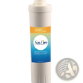 White cylindrical simpure 3 stage under sink water filter replacement with orange to blue gradient label