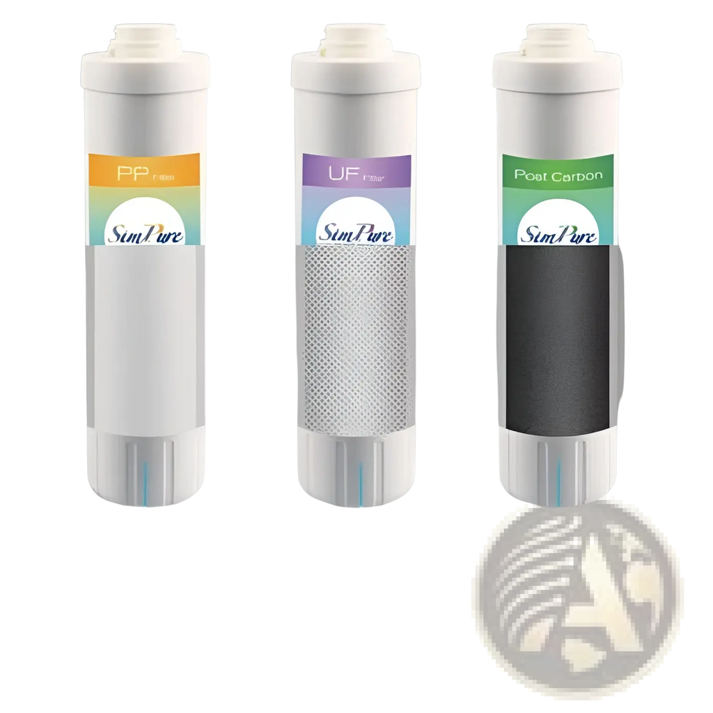 Simpure 3 stage under sink water filter replacement with three white cylindrical pp orange uf purple and post carbon green filters