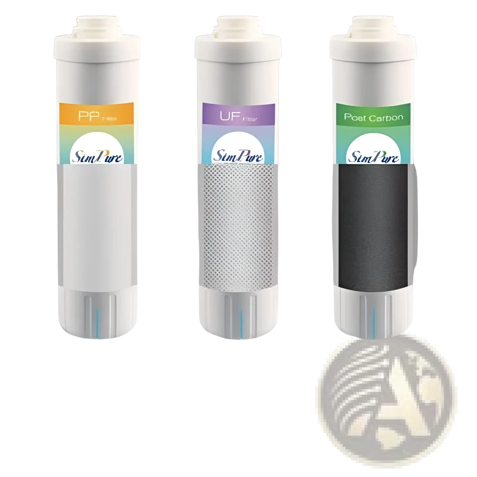 Simpure 3 stage under sink water filter replacement with three white cylindrical pp orange uf purple and post carbon green filters