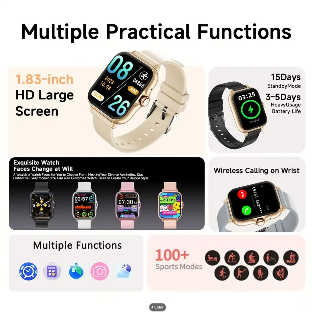 Simsonlab bluetooth calling fitness smartwatch in beige with 1.83-inch hd screen and gold-tone bezel, customizable faces