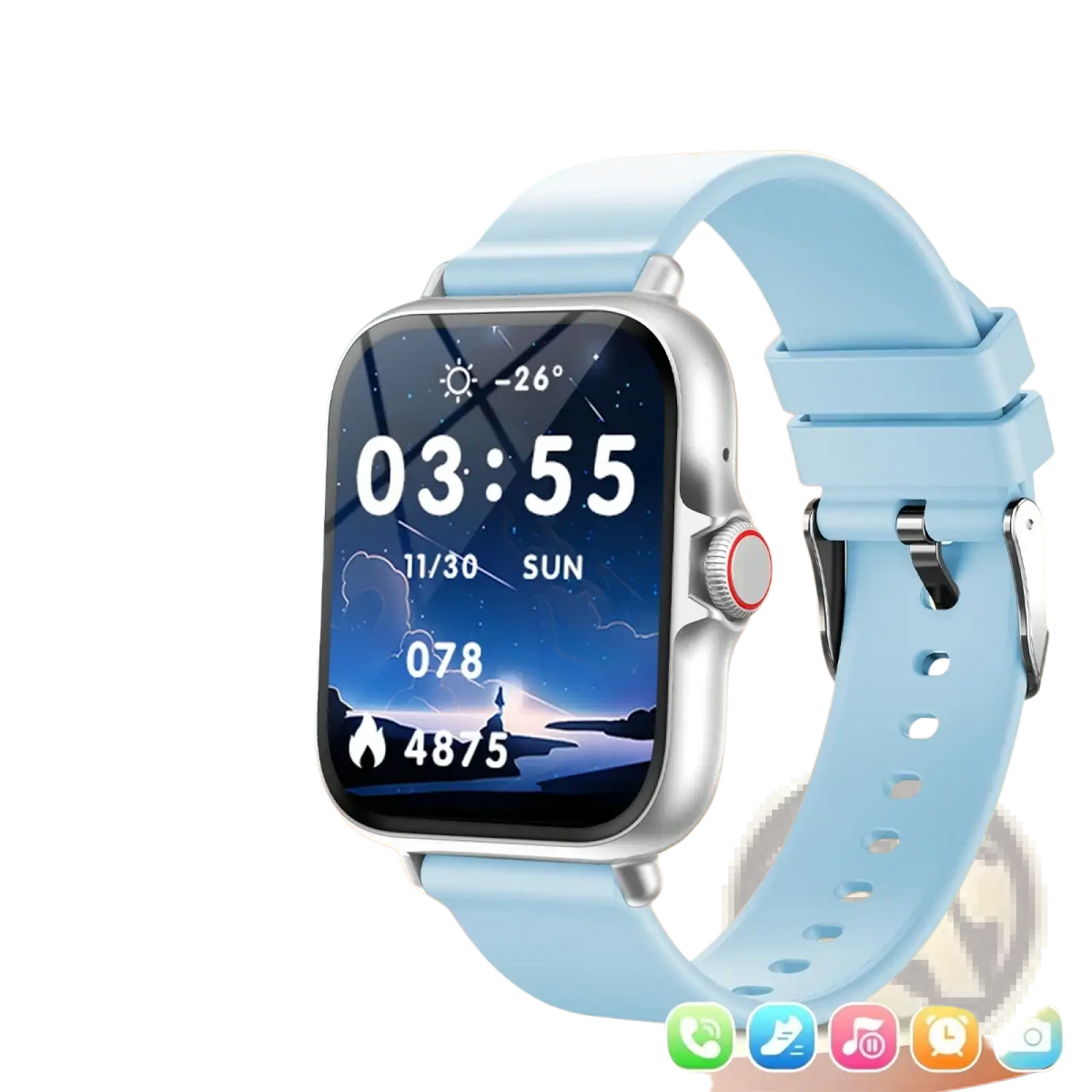 Light blue silicone strap simsonlab bluetooth calling fitness smartwatch with silver case and red side button accent