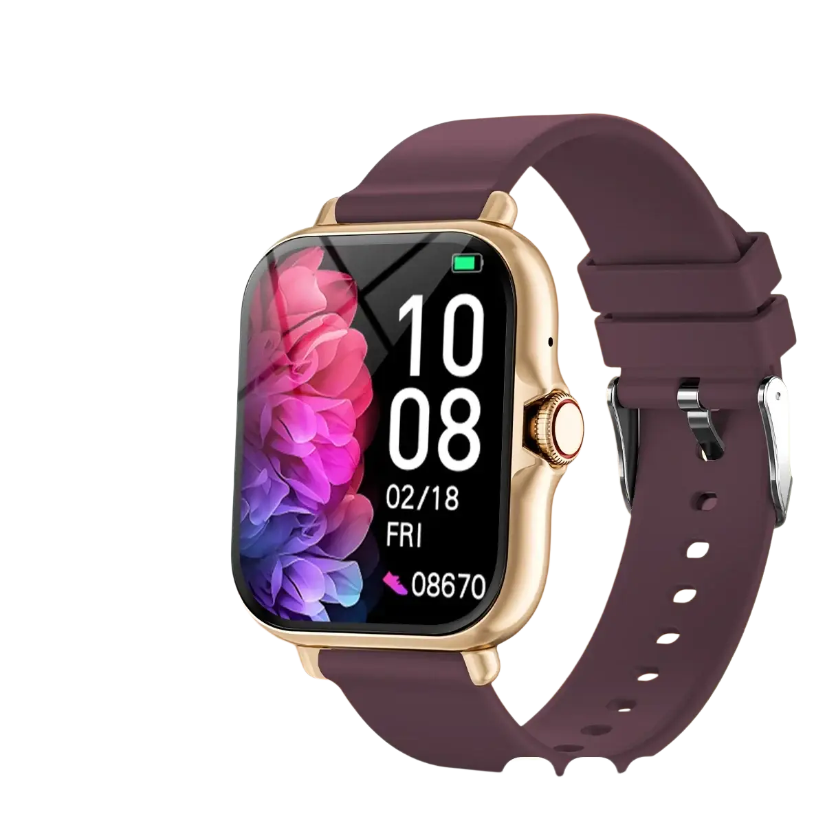 Simsonlab bluetooth calling fitness smart watch with gold-tone case, purple silicone strap, and rectangular touchscreen display