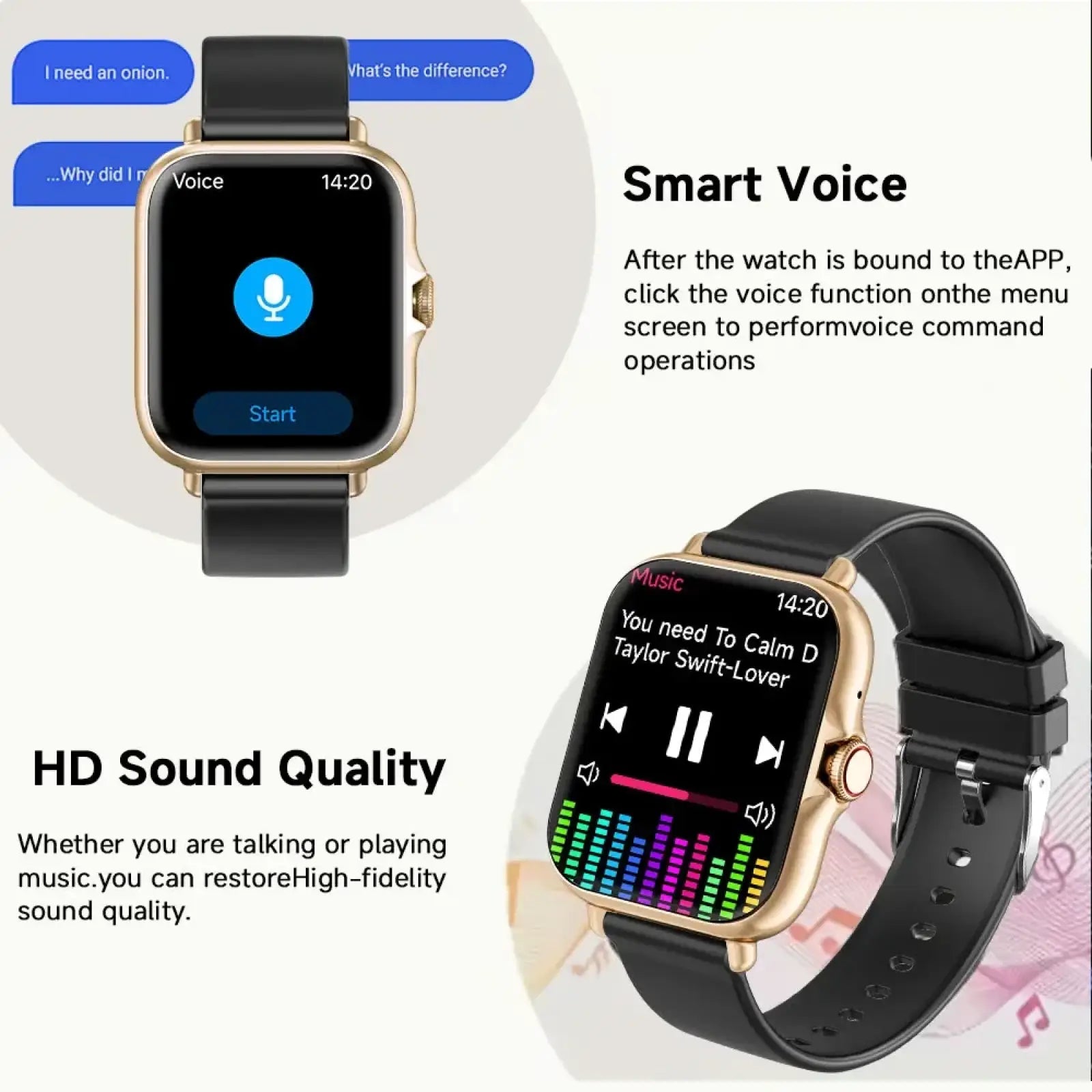 Simsonlab gold-tone Bluetooth calling fitness smartwatch with black silicone strap and voice command music display