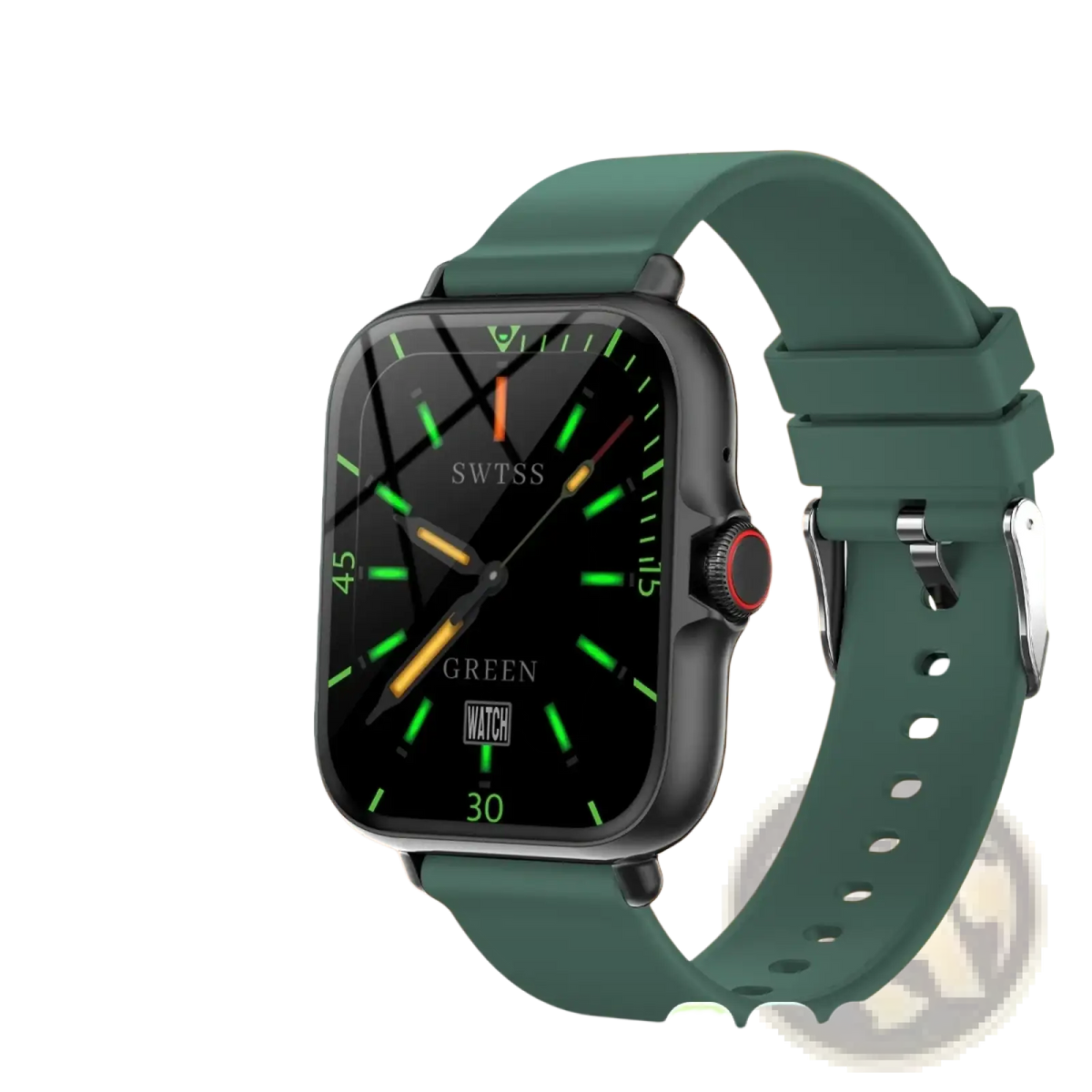 Simsonlab bluetooth calling fitness smartwatch with green silicone strap black case and glowing green digital display