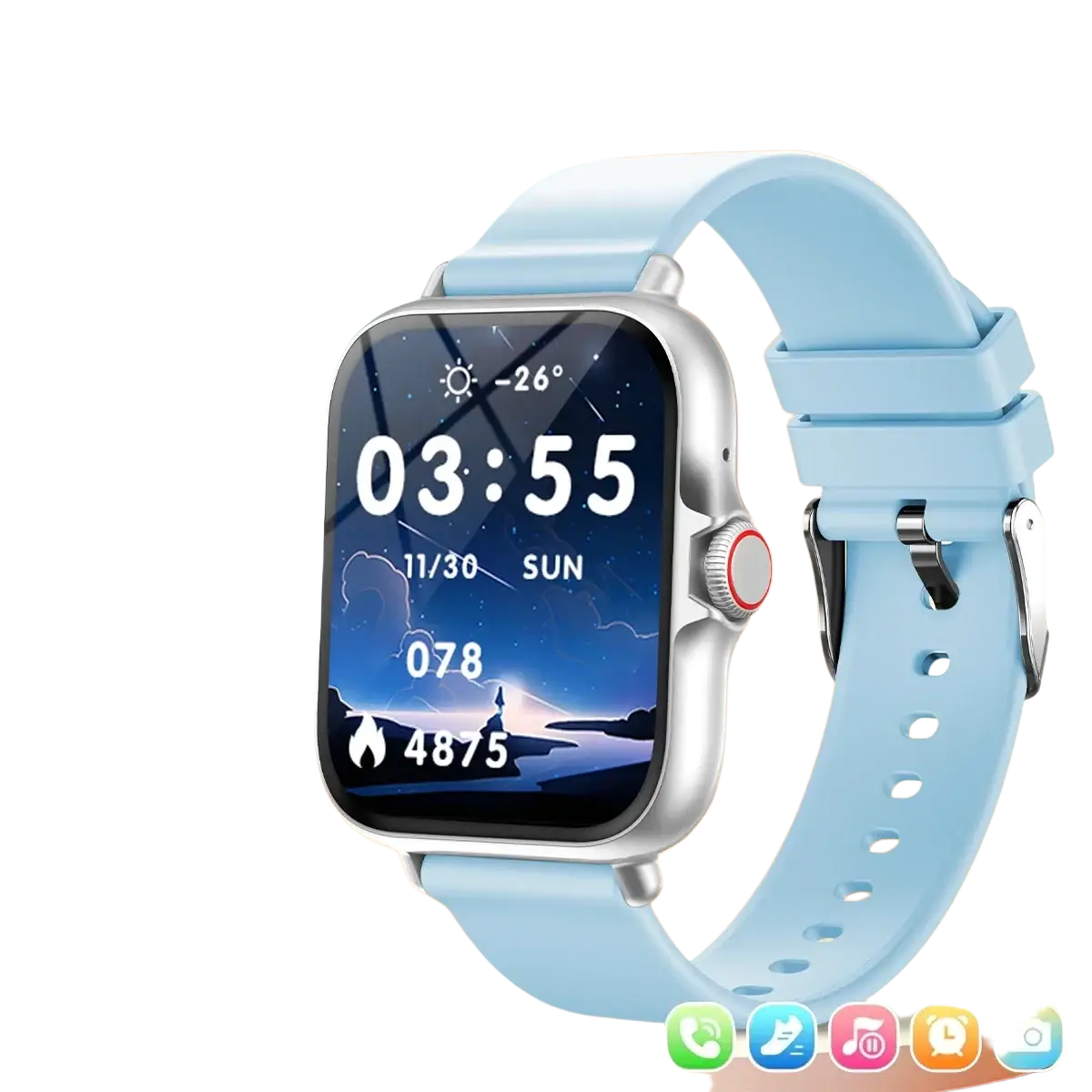 Light blue silicone strap simsonlab bluetooth calling fitness smartwatch with silver case and red side button accent