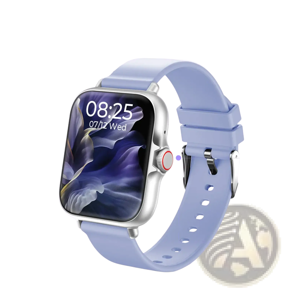 Simsonlab Bluetooth calling fitness smart watch with light blue silicone strap and silver metal case featuring 1.83-inch display