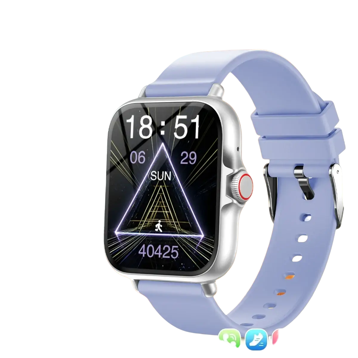 Simsonlab Bluetooth calling fitness smart watch with light purple silicone strap silver-toned case and digital display