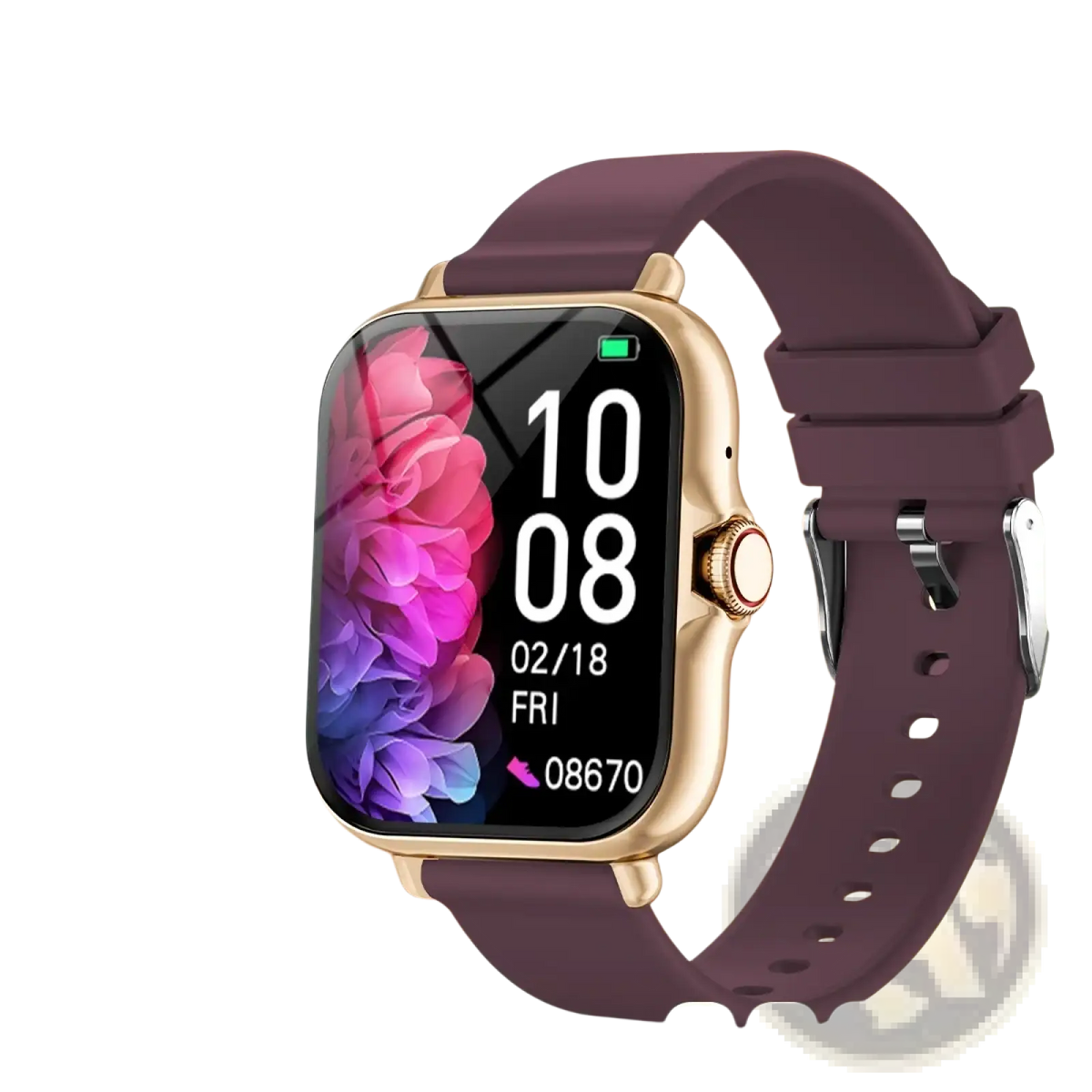 Simsonlab bluetooth calling fitness smart watch with gold-tone case, purple silicone strap, and rectangular touchscreen display