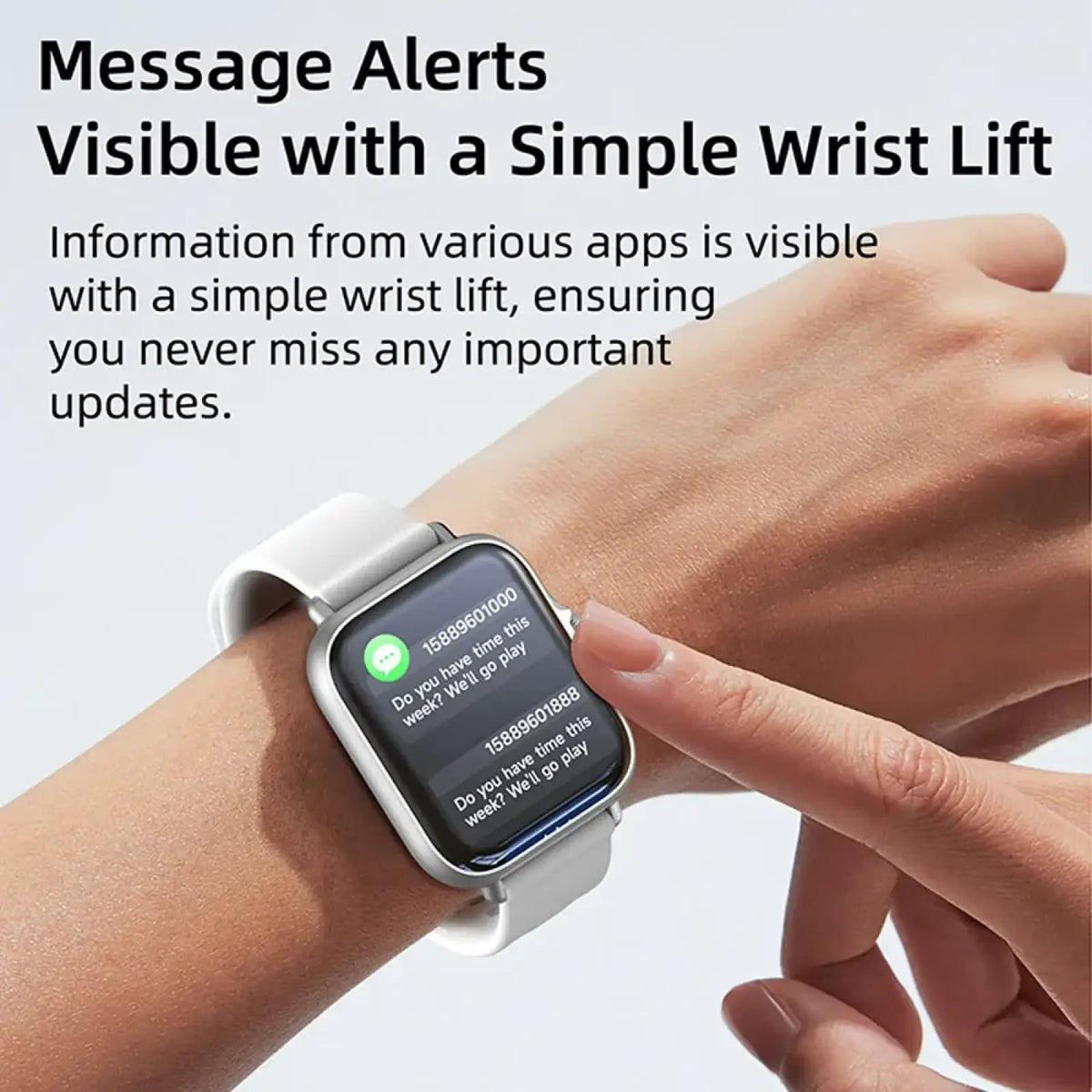 Simsonlab Bluetooth calling fitness smart watch with white silicone band and silver frame showing message alerts on screen