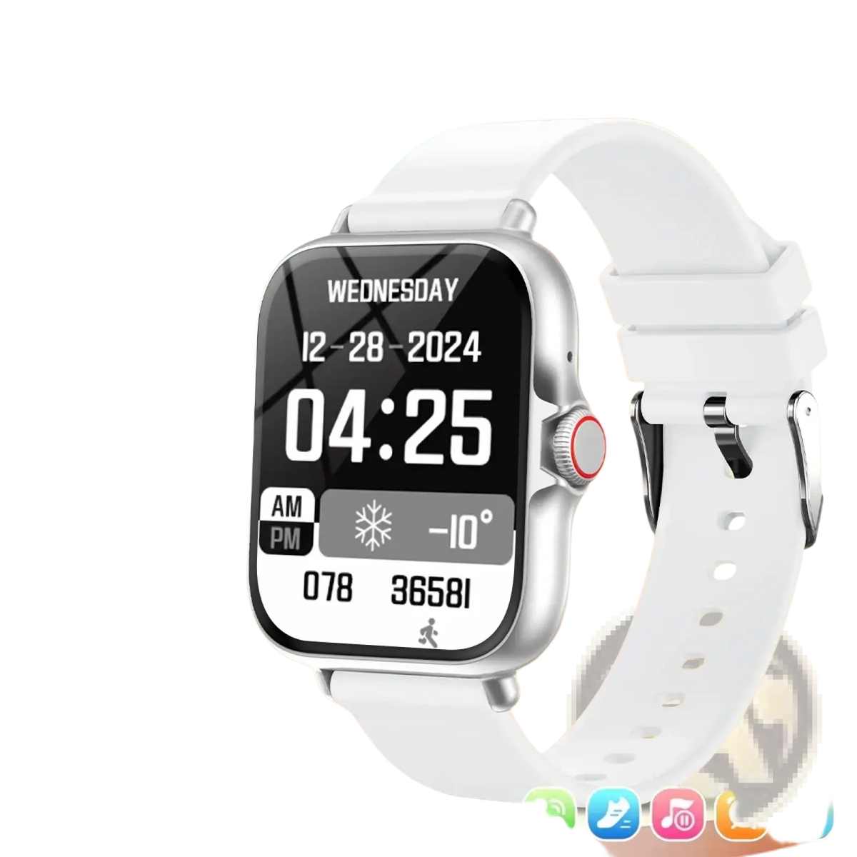 Simsonlab Bluetooth calling fitness smart watch with white silicone strap silver case and red side button accent