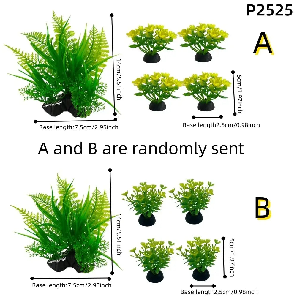Simulated aquatic plants with green plastic leaves and black bases including fern and flowering types for fish tank decor