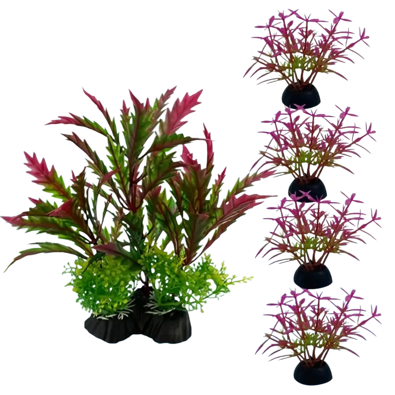 Set of 5 simulated aquatic plants with vibrant pink and green foliage on black plastic bases for fish tank decor