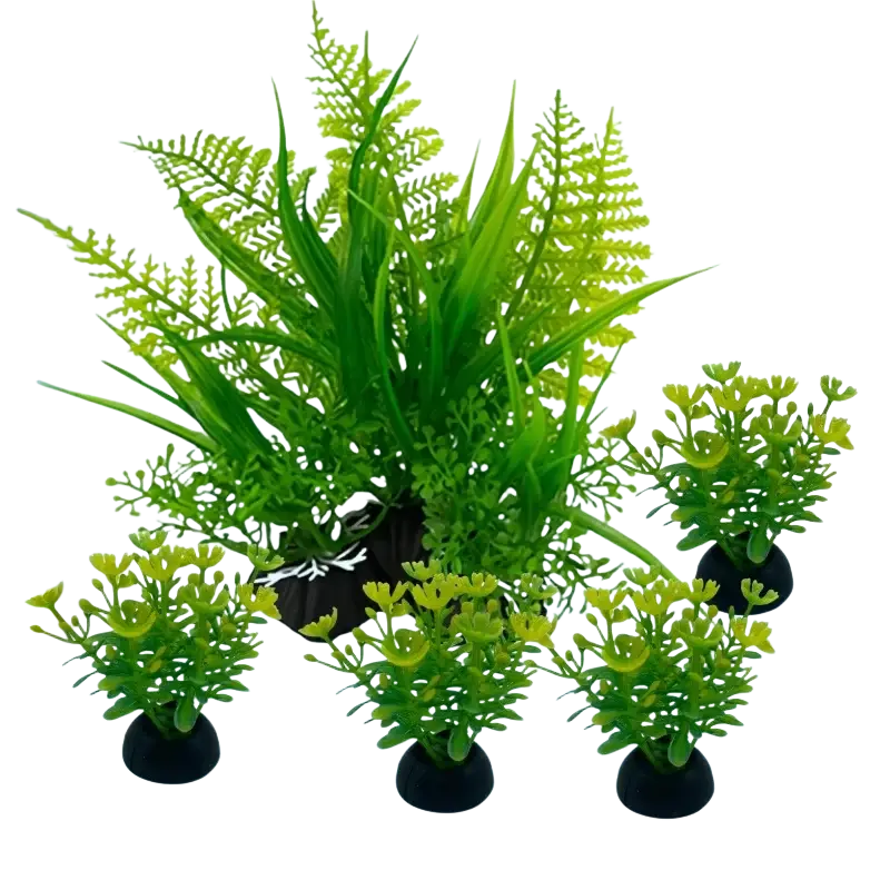 Set of simulated aquatic plants with vibrant green and yellow foliage mounted on black plastic bases for fish tanks