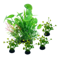 Set of five simulated aquatic plants in vibrant green pink and yellow with black plastic bases for fish tank decor