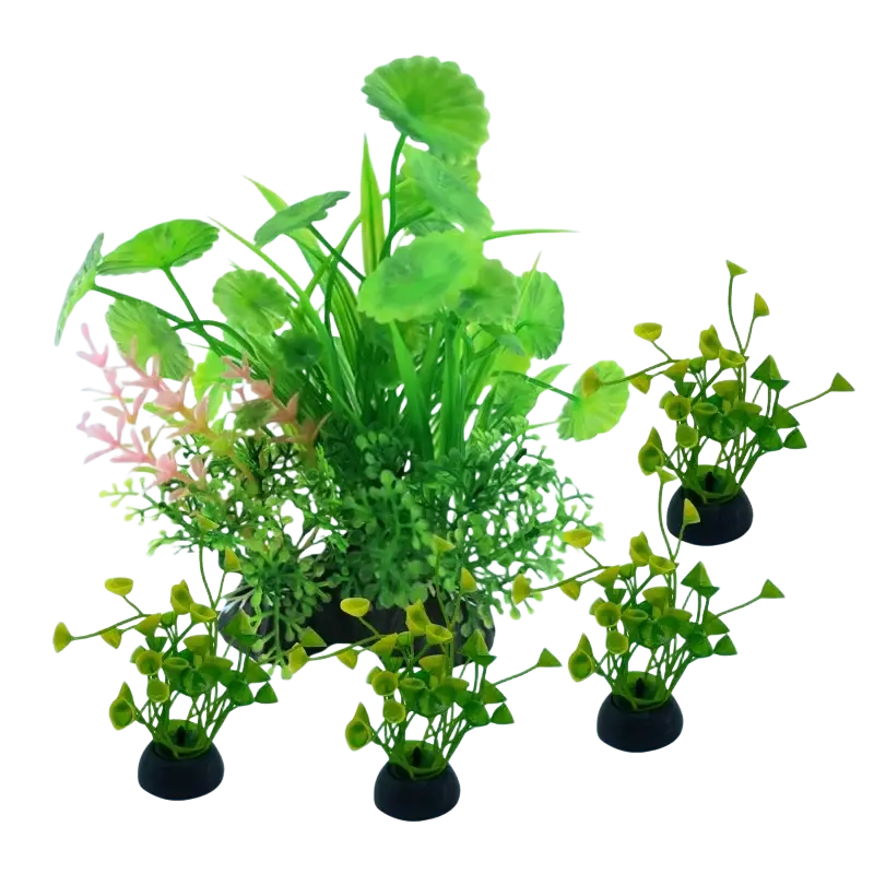 Set of five simulated aquatic plants in vibrant green pink and yellow with black plastic bases for fish tank decor