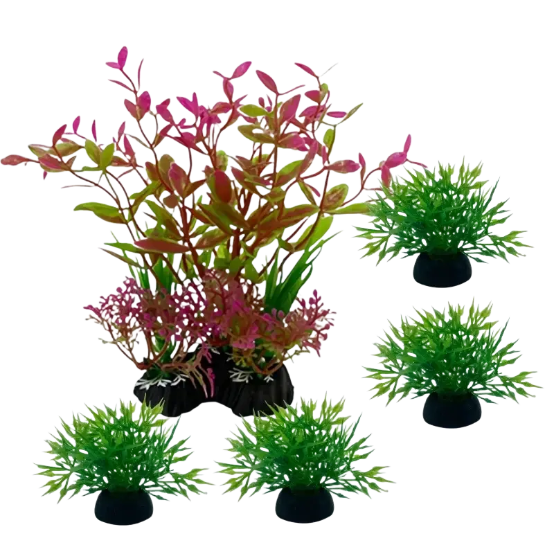 Set of five simulated aquatic plants with vibrant pink and green foliage and black plastic bases for fish tank decor