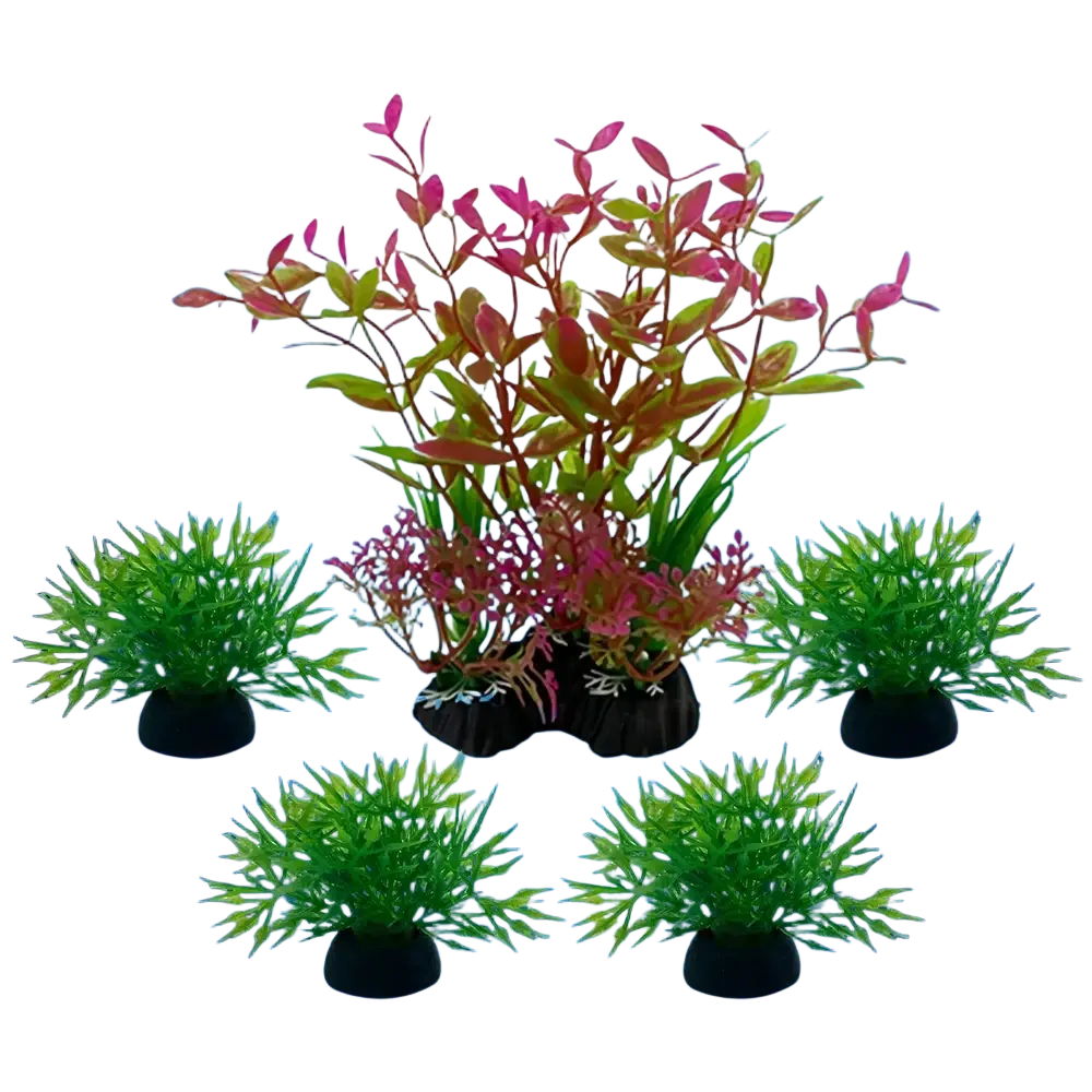 Set of five simulated aquatic plants with vibrant pink and green foliage on black plastic bases for fish tank decor