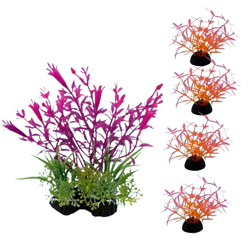 Simulated aquatic plants fish tank decor featuring vibrant pink orange and green plastic with black bases set of five