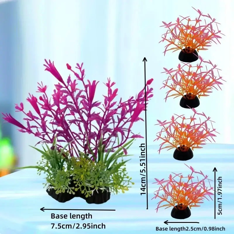 Simulated aquatic plants set of five vibrant purple and green plastic fish tank decor with orange-tipped fronds on black bases