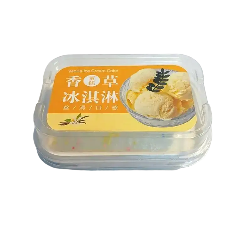 Clear plastic container holding a simulated ice cream cake slow rising fidget toy with an orange label and chinese characters