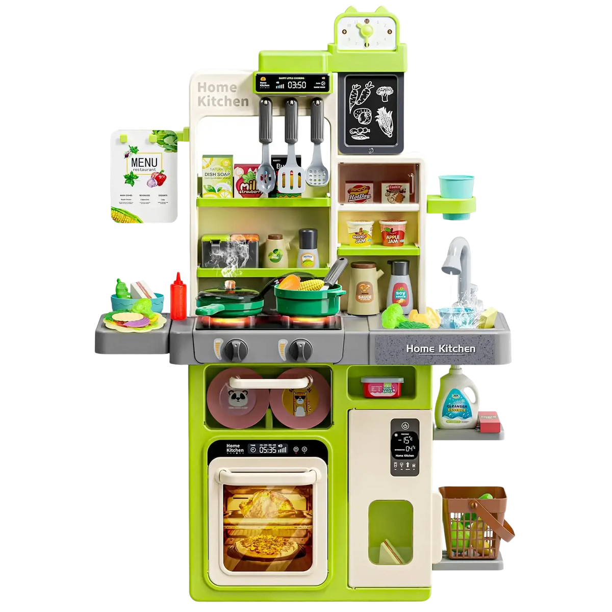 Simulated kitchen playset in green and gray plastic with lights steam and realistic cooking accessories for children