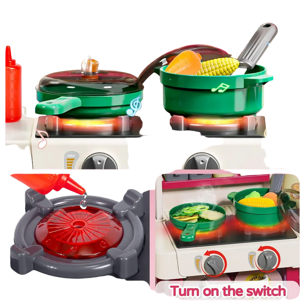 Green plastic toy cooking pot with black lid and handle featuring realistic corn and carrots for simulated kitchen playset with lights and steam