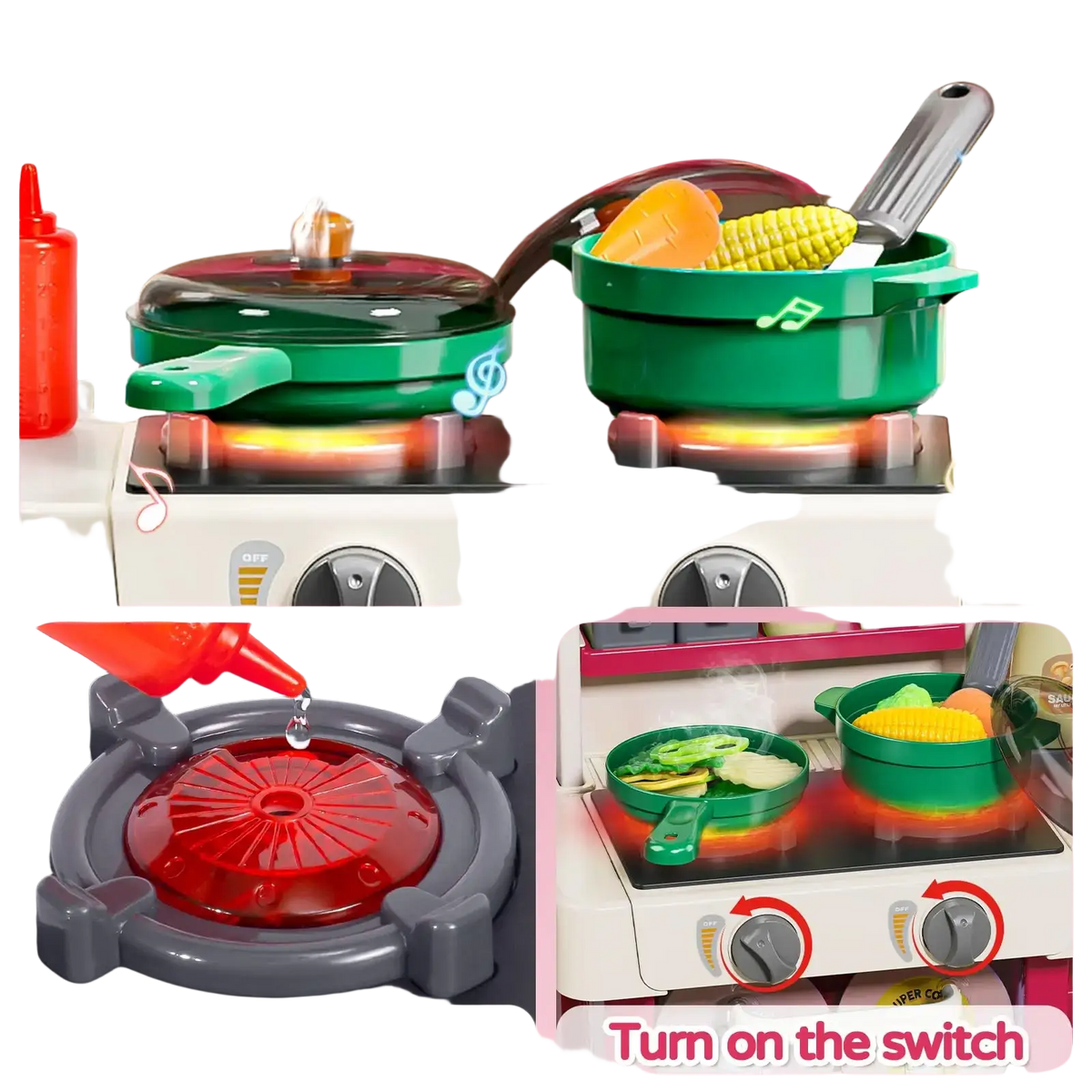 Green plastic toy cooking pot with black lid and handle featuring realistic corn and carrots for simulated kitchen playset with lights and steam