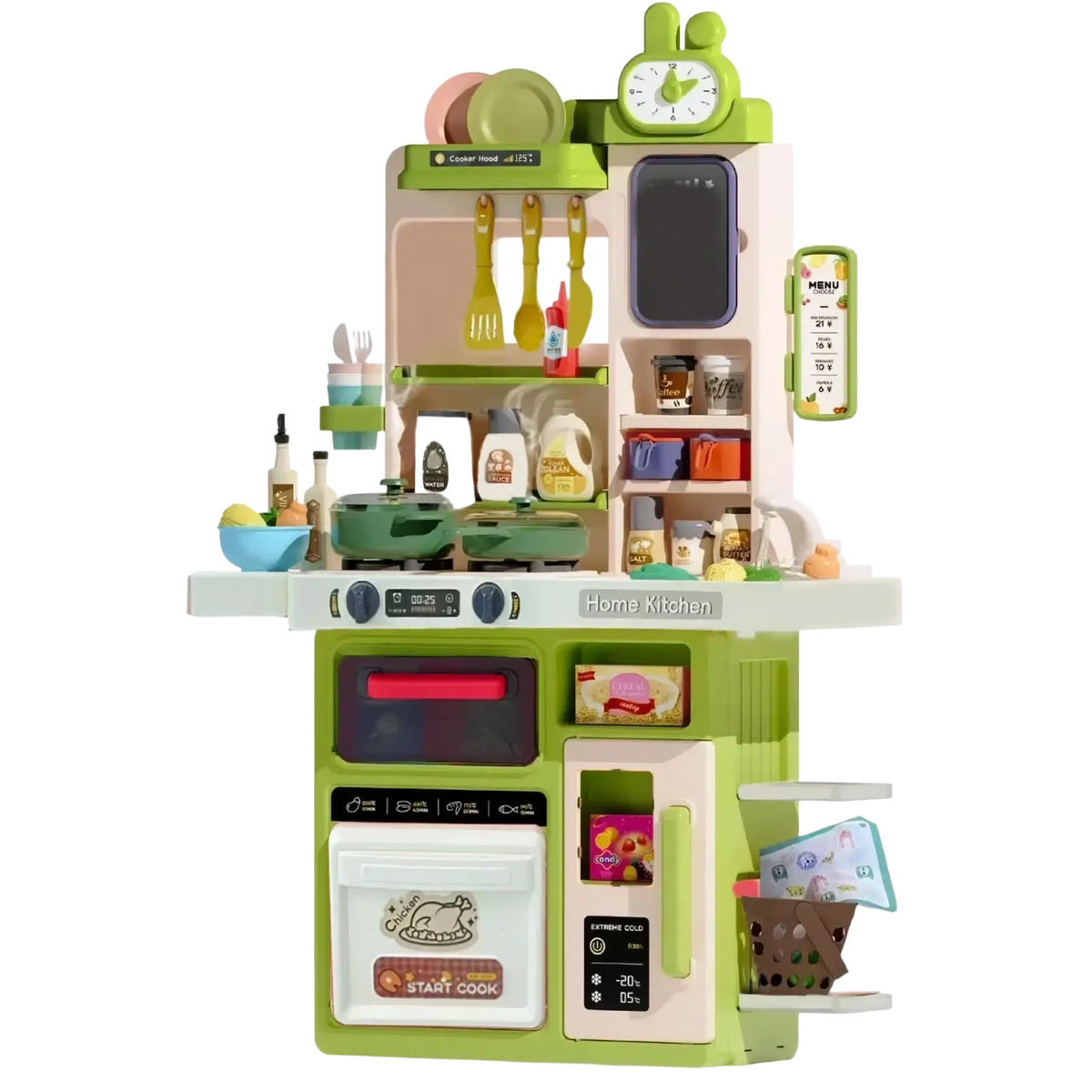 Green and white plastic simulated kitchen playset with lights steam clock oven microwave sink and utensils