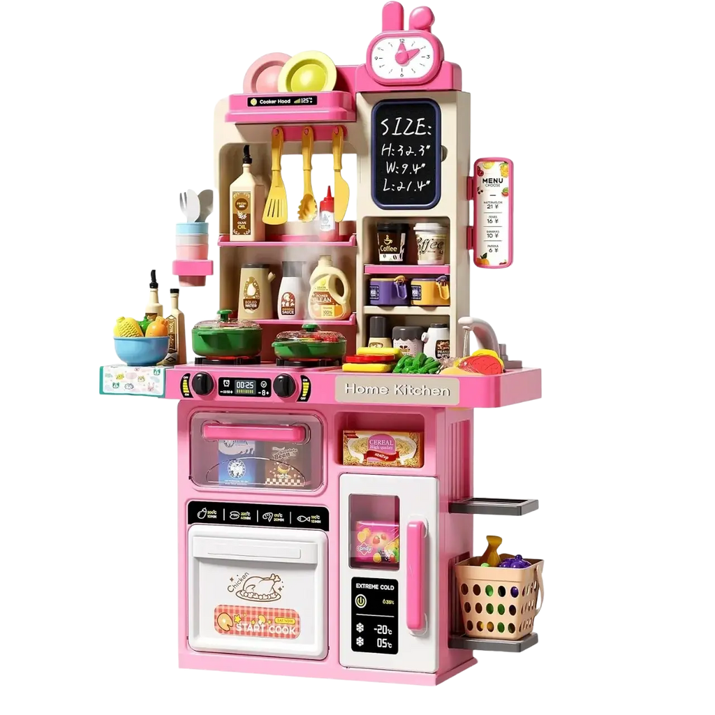 Pink plastic simulated kitchen playset with beige accents and colorful miniature appliances featuring lights and steam