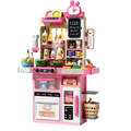 Pink plastic simulated kitchen playset with beige accents and colorful miniature appliances featuring lights and steam