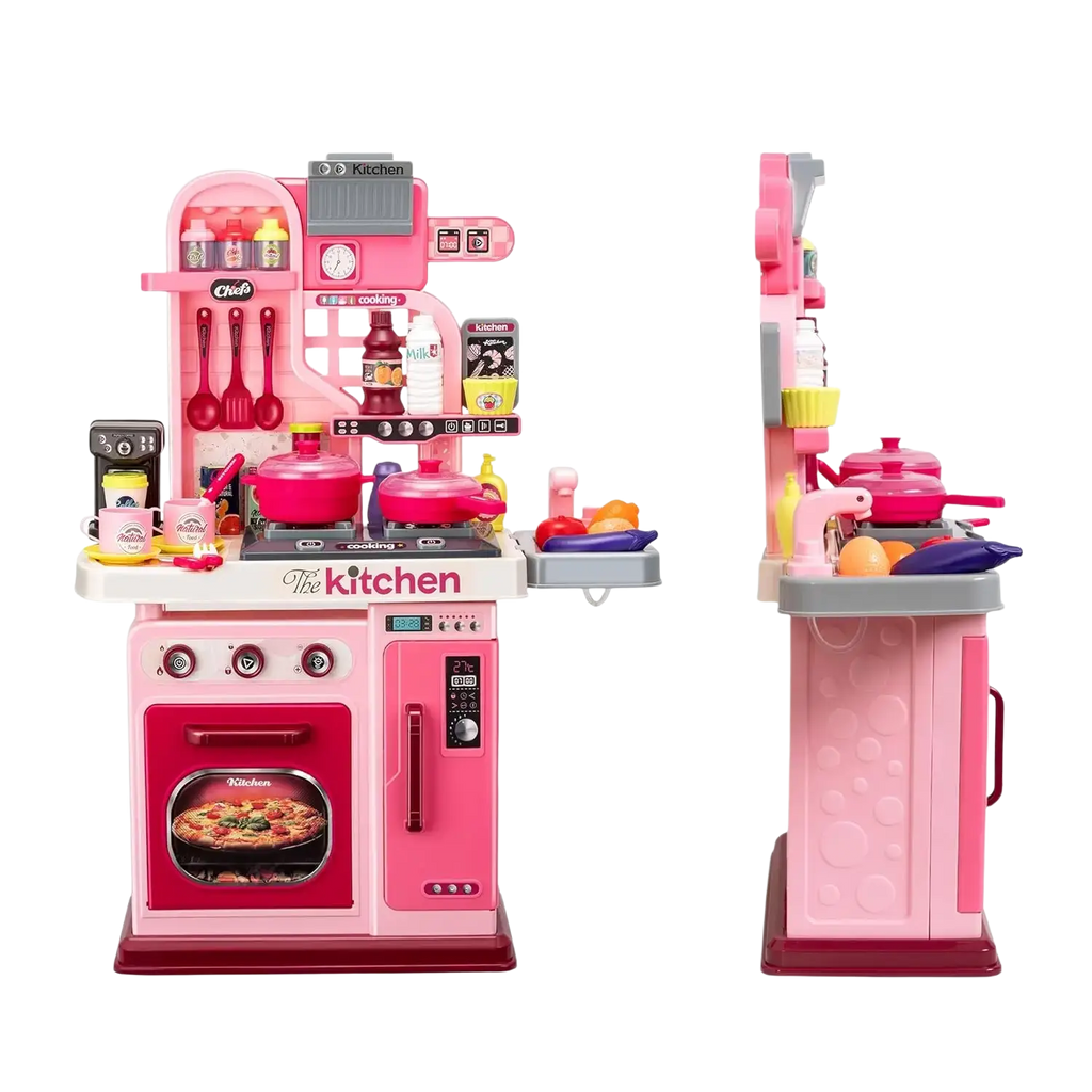 Pink plastic simulated kitchen playset with lights steam red oven door and matching pots pans utensils