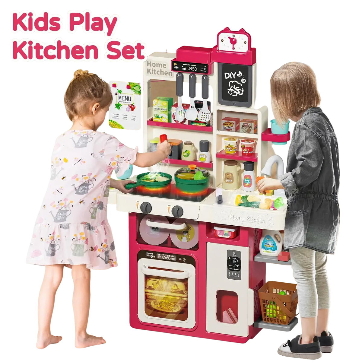 Pink and white plastic simulated kitchen playset with lights steam faux food utensils and digital display for kids