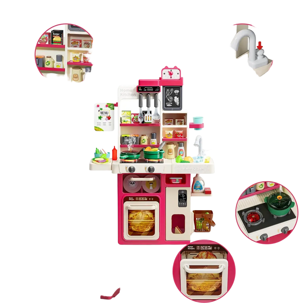 Pink and white plastic simulated kitchen playset with lights steam and realistic appliances and utensils for pretend cooking