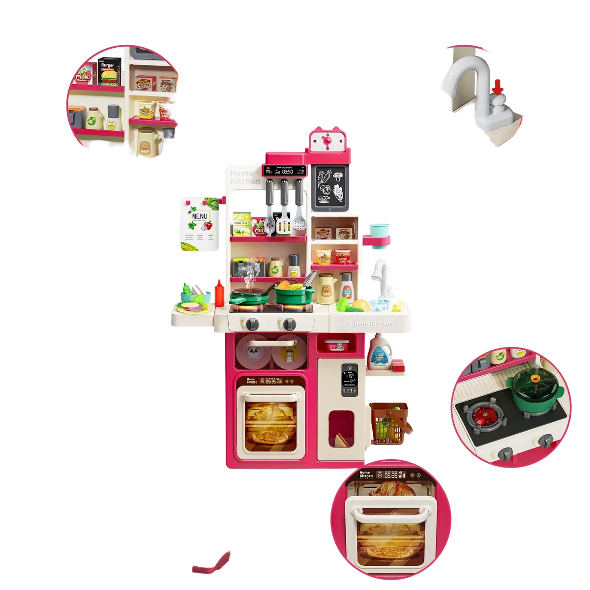 Pink and white plastic simulated kitchen playset with lights steam and realistic appliances and utensils for pretend cooking