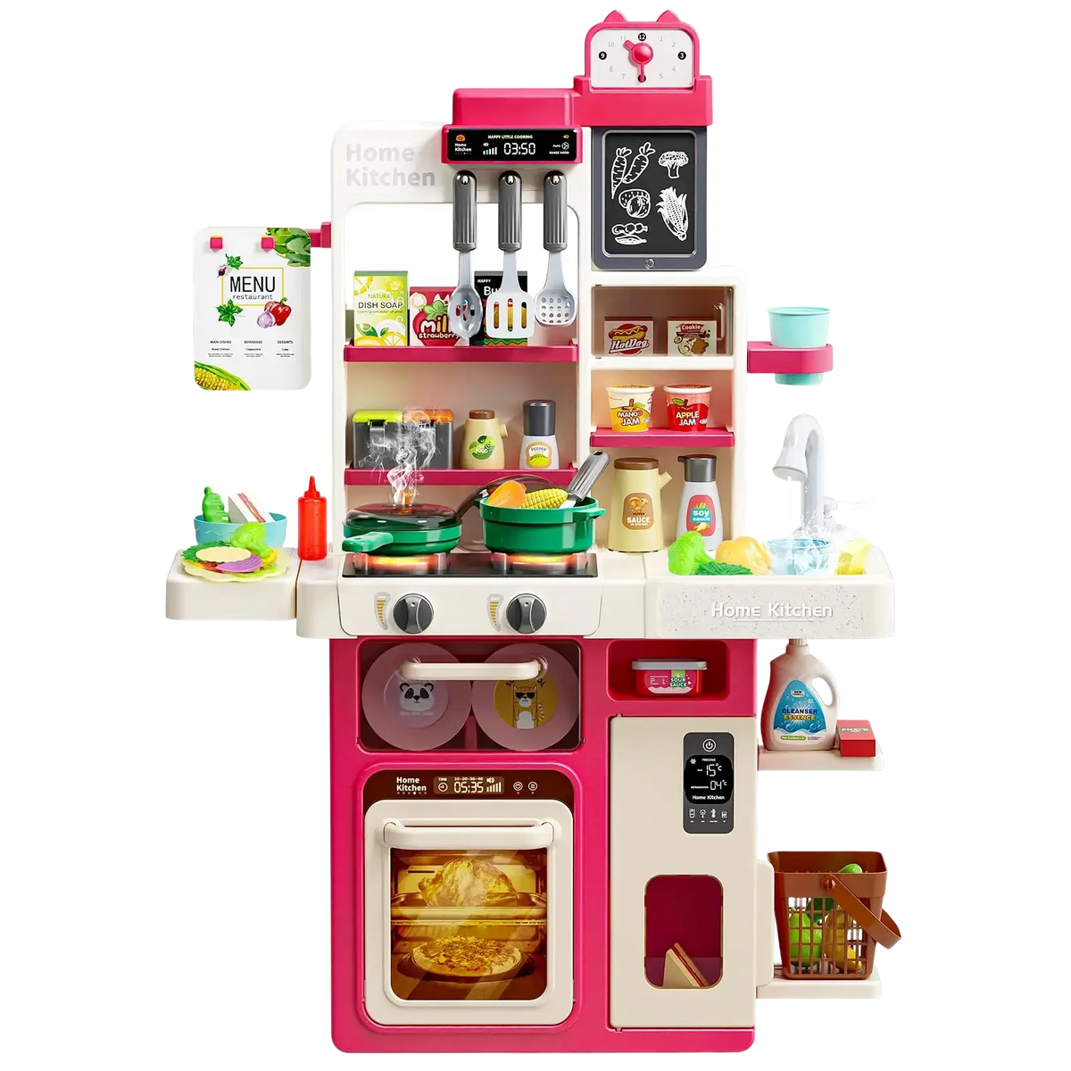 Pink and white plastic simulated kitchen playset with lights steam digital clock faux appliances and miniature food items