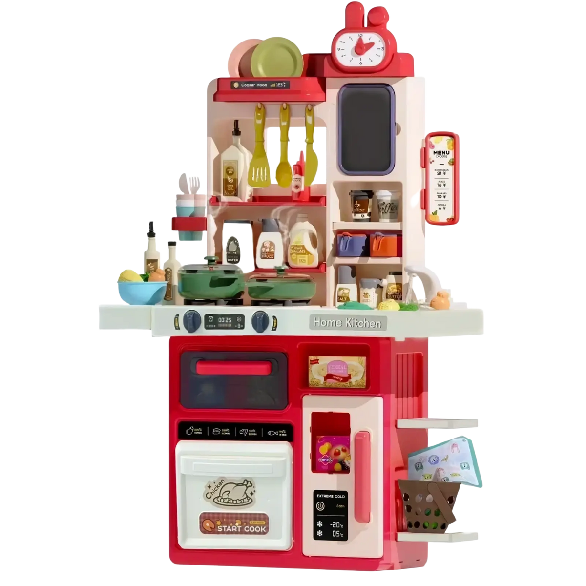 Simulated kitchen playset with lights and steam featuring red and white plastic design with green pots utensils and clock
