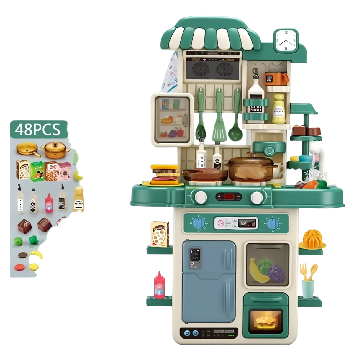 Simulated kitchen playset with lights and steam featuring teal and white plastic realistic appliances and utensils