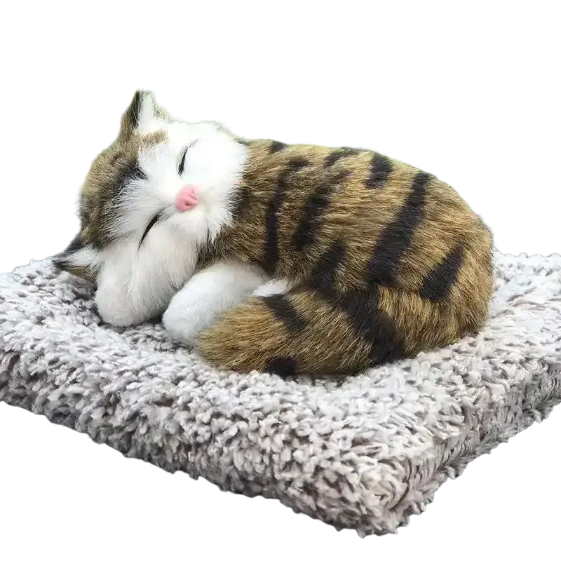 Simulated sleeping cat plush toy with sound featuring brown and black stripes and white fur resting on gray cushion