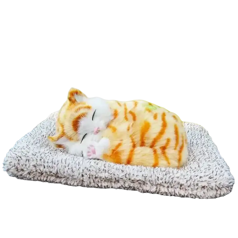 Simulated sleeping cat plush toy in orange and white with sound feature resting on textured gray cushion