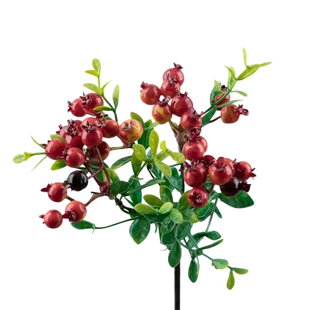 A cluster of artificial red simulation berry flowers with glossy plastic fruit and realistic green leaves for decor
