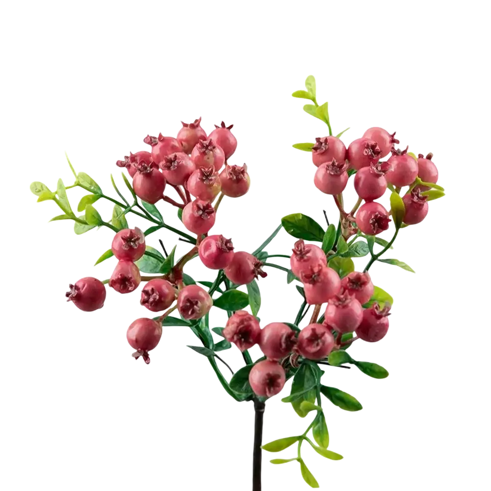 A cluster of artificial pink simulation berry flowers foam branch with green leaves on black stem for home and wedding decor