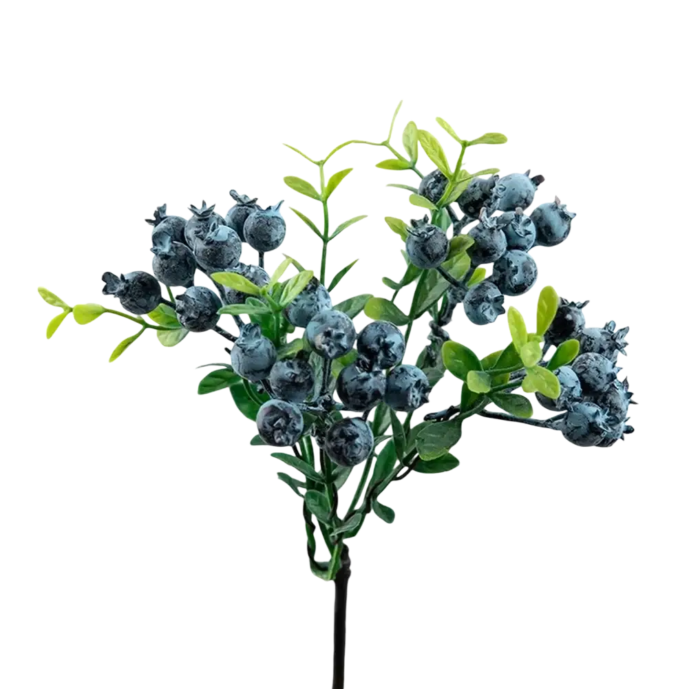 A cluster of simulation berry flowers foam branches with artificial blueberries and green leaves for home and wedding decor