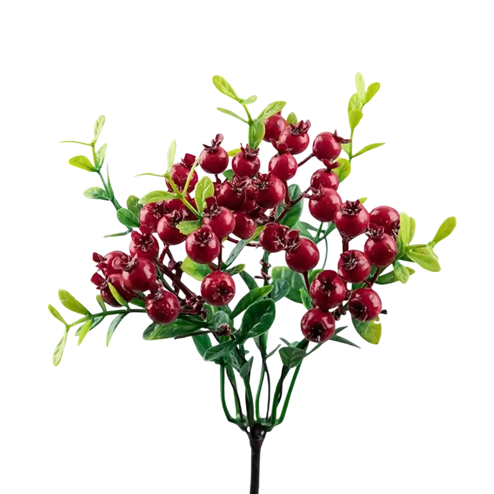 A cluster of red foam simulation berry flowers with green leaves on a dark stem for home and wedding decor