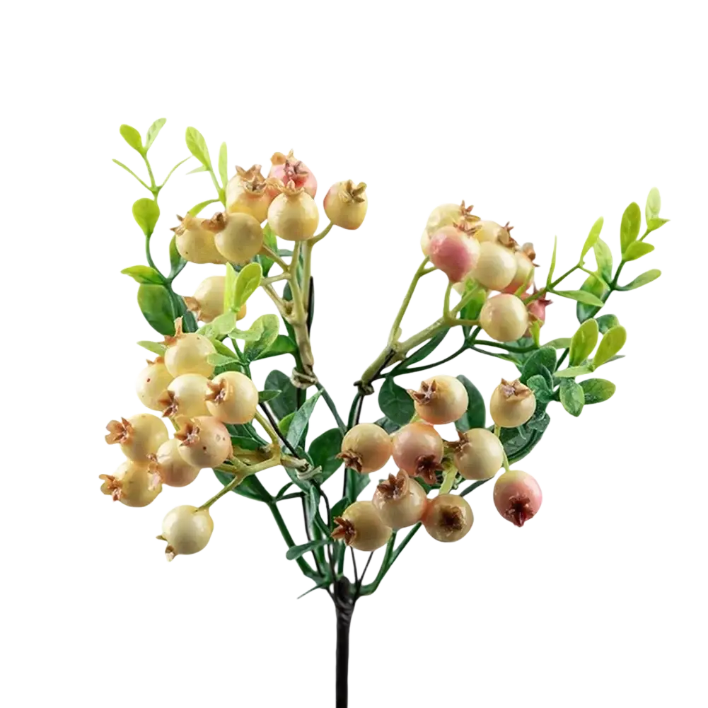 Delicate simulation berry flowers foam branch with pale yellow and pink berries green leaves for home and wedding decor