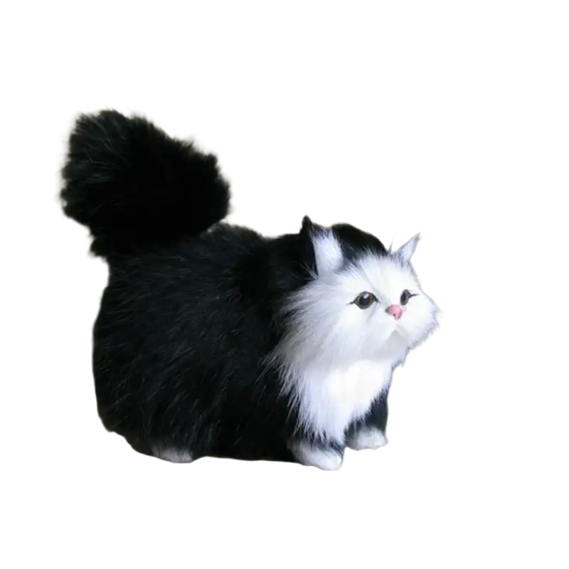 A plush black and white simulation cat plush with fluffy fur pink nose and detailed eyes soft stuffed animal toy