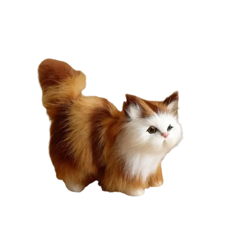 A fluffy tri-color simulation cat plush with white orange and brown fur soft stuffed animal toy