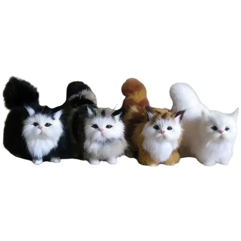 Four simulation cat plush toys in black-and-white, gray-and-white, orange-tabby, and solid white with soft fluffy fur