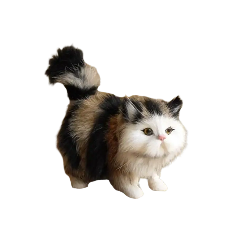 A plush tri-color calico simulation cat plush with soft fluffy black white and orange fur stuffed animal toy